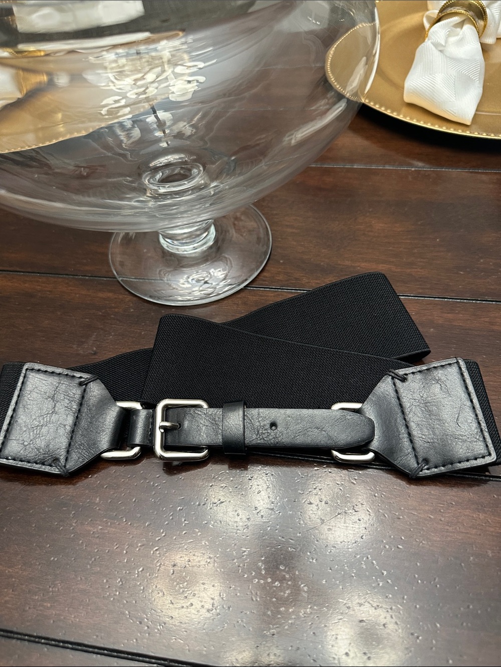 Nautica Black Elastic Waist Belt with Leather Tabs and Silver Buckle